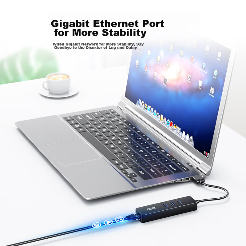 Acer USB 3.0 Hub Gigabit Version, Ethernet Port Converter, RJ45 Adapter, Expansion Dock, Compatible with Apple Mac And Huawei Computers, HUB Adapter — фото 1
