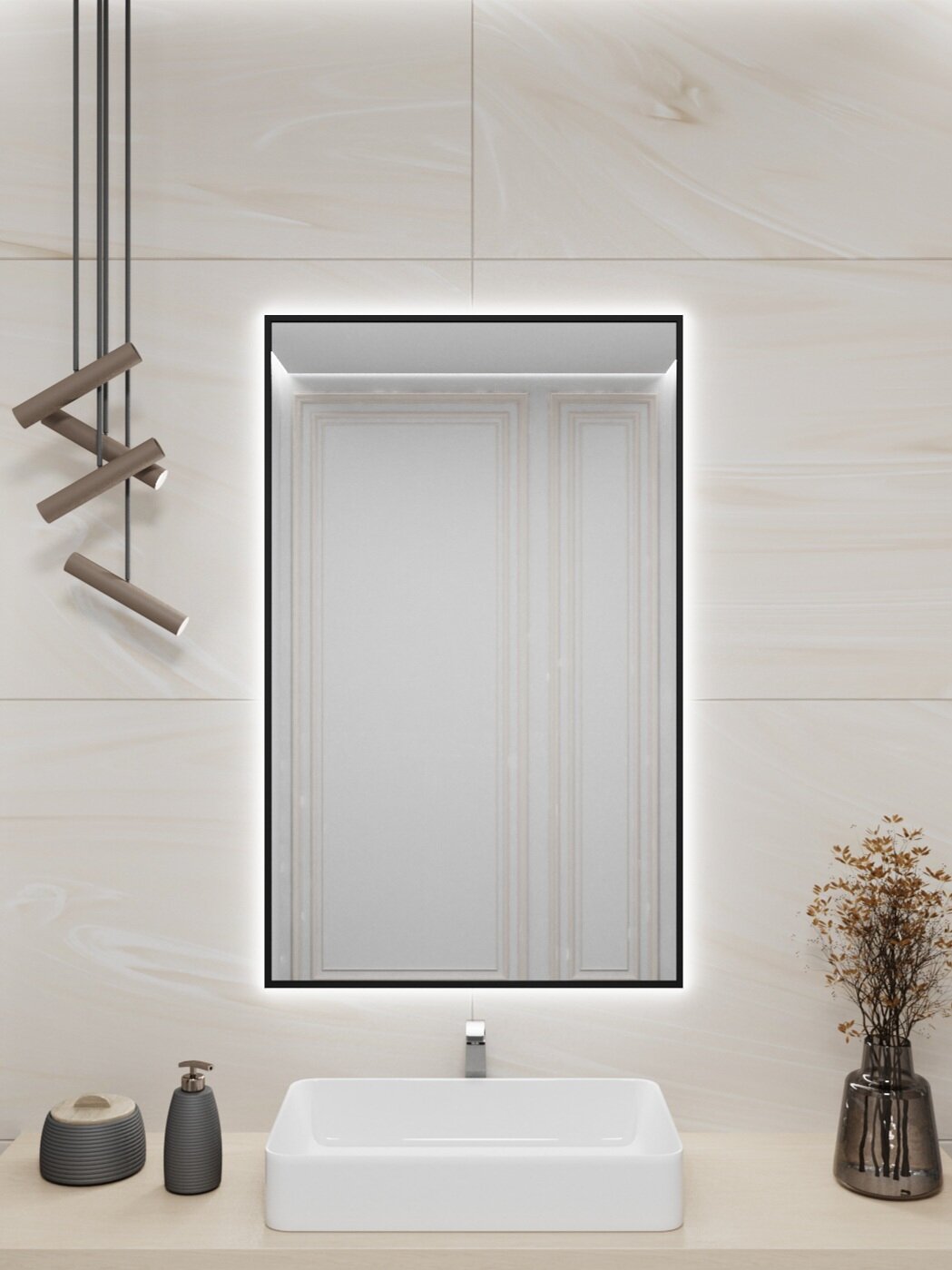 Обзор: Зеркало с подсветкой в алюминиевой раме настенное ALUMIRROR 110х60 см. Свет: Холодный белый 6000К. Черное