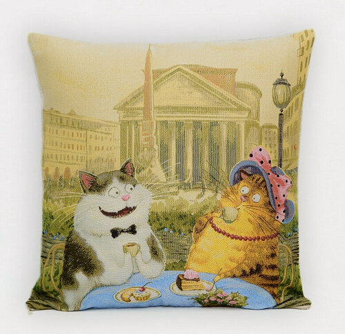 Изображение товара Наволочка Декоративная Гобеленовая 45х45 "Свидание в кафе" на молнии, для Интерьера