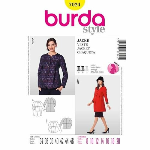 Выкройка Burda 7024-Жакет для будущей мамы выкройка burda 7106 платье для будущей мамы