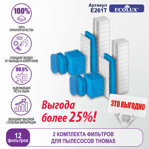 Ecolux Фильтр для пылесоса - 12 шт E261T комплект фильтров 787203 thomas twin t1 t2 ttp 33 tms hepa thomas black ocean genius aquafilter genius s1 genius s2 hygiene t2 t2 plus