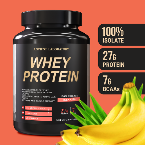 Протеин сывороточный изолят без лактозы, Whey Isolate 908 гр, 30 порций, 27 гр протеина и 7 гр BCAA в порции, Ancient Laboratory, банан