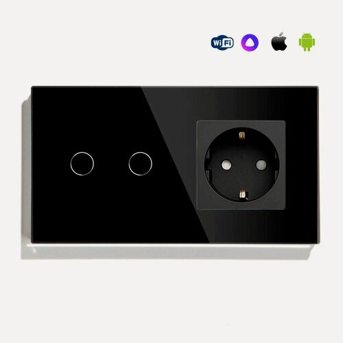 Изображение товара Сенсорный выключатель WiFi 2 клавиши 1 розетка 2 поста (2G+1EU) стекло 157х86мм цвет черный