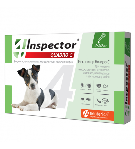 Капли Inspector (Инспектор) от блох, клещей и гельминтов Quadro С для собак весом от 4 до 10 кг, 1 пипетка