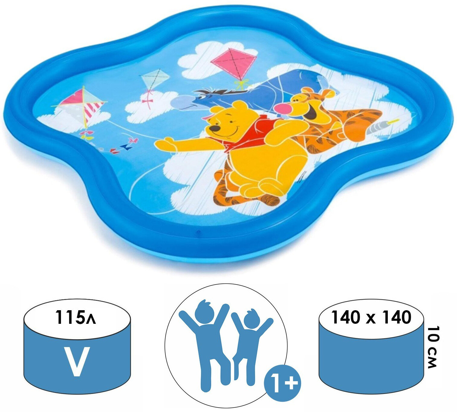 Детский надувной бассейн INTEX "Винни Пух" уличный, для плавания и купания, на дачу, размеры 140х140х10 см, 1-3 года