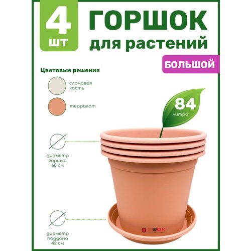Горшок для цветов, растений, деревьев пластиковый с поддоном большой 84 л. Кашпо напольное уличное круглое, цвет терракотовый, 4 шт,