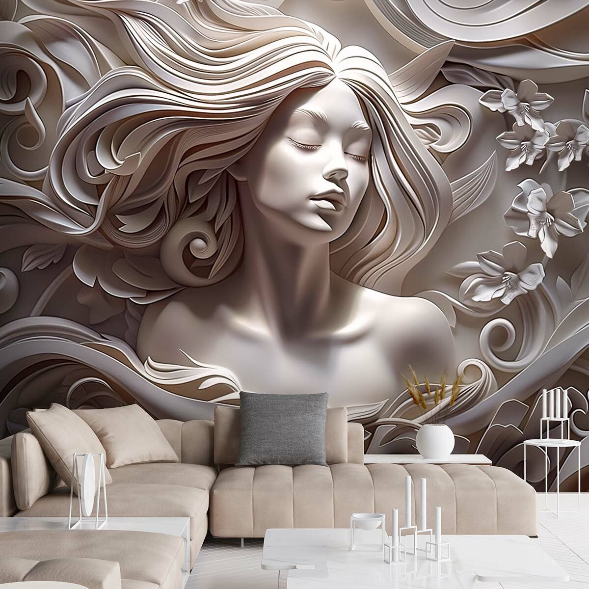 Фотообои 3D флизелиновые с виниловым покрытием VEROL "Девушка барельеф" 300х283 см моющиеся обои на стену декор для дома