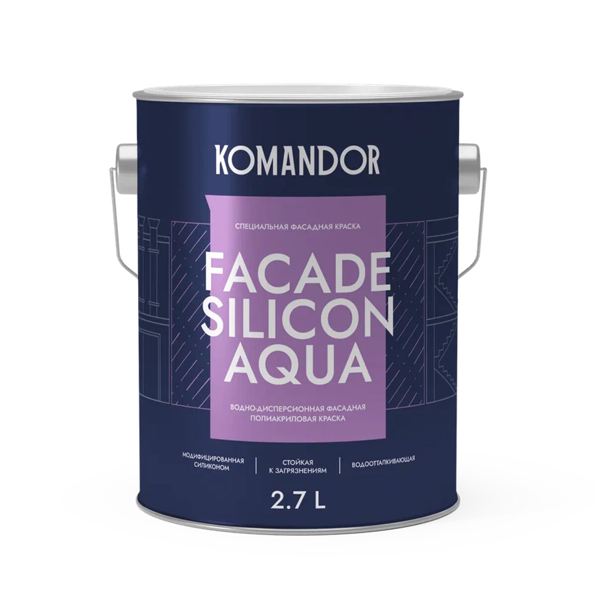 Краска фасадная Komandor Facade Silicon Aqua, глубокоматовая, база А, белая, 2,7 л