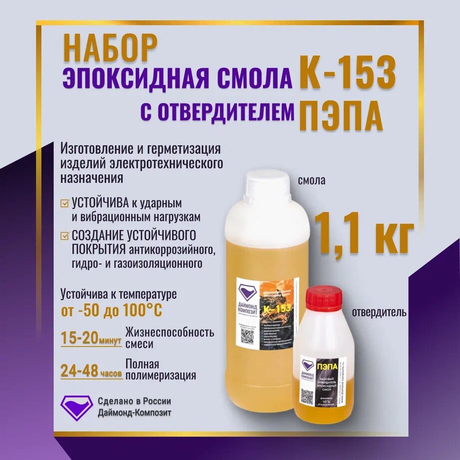 Эпоксидная смола К-153 (1 кг) с отвердителем пэпа (100 гр)