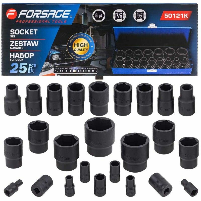 Набор ударных головок Forsage (1/4' и 1/2') 25 предметов 6гранные