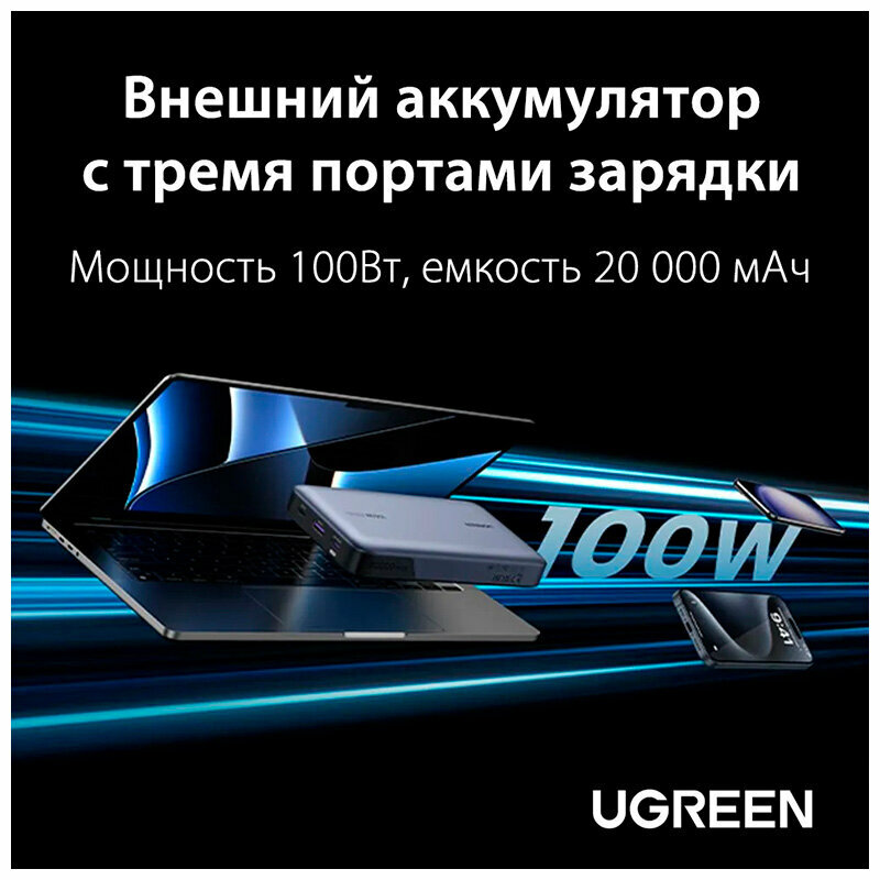 Аккумулятор внешний UGREEN 25188 20000mAh PD 100W, серый - фото №13