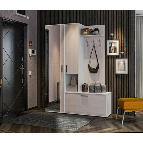 Прихожая столплит Саша СБ-2739 с выдвижной штангой 12 полок 3 крючка ЛДСП АвиньонБелый 150х203х35 см 17670₽