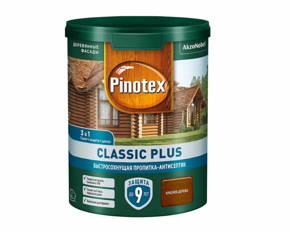 фото Антисептик Pinotex Classic Plus 3 в 1 декоративный для дерева красное дерево 0,9 л