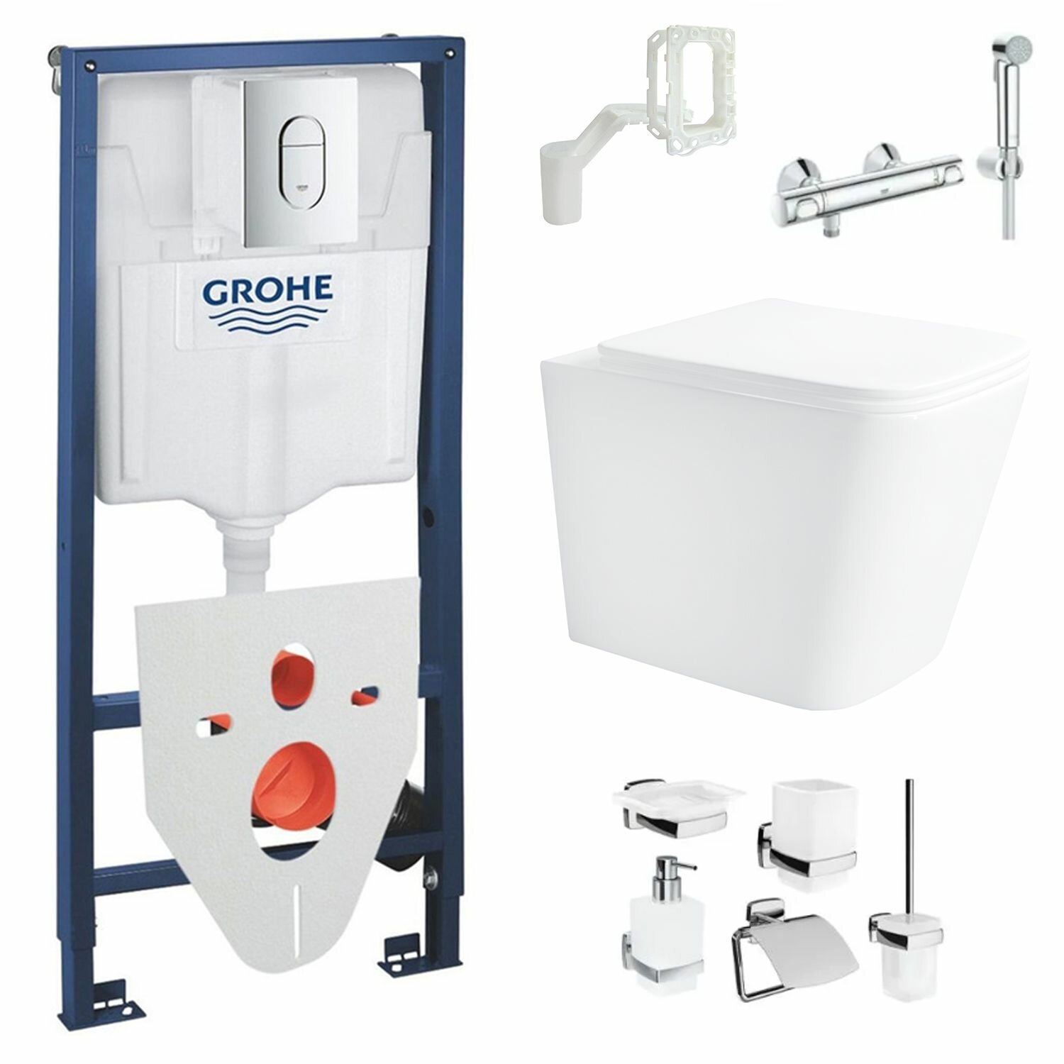 фото Инсталляция с подвесным унитазом Helmken 35490301 комплект 26 в 1: безободковый унитаз, сиденье микролифт, инсталляция Grohe с кнопкой смыва и термостатом, шумоизоляция, диспенсер, аксессуары Am.Pm