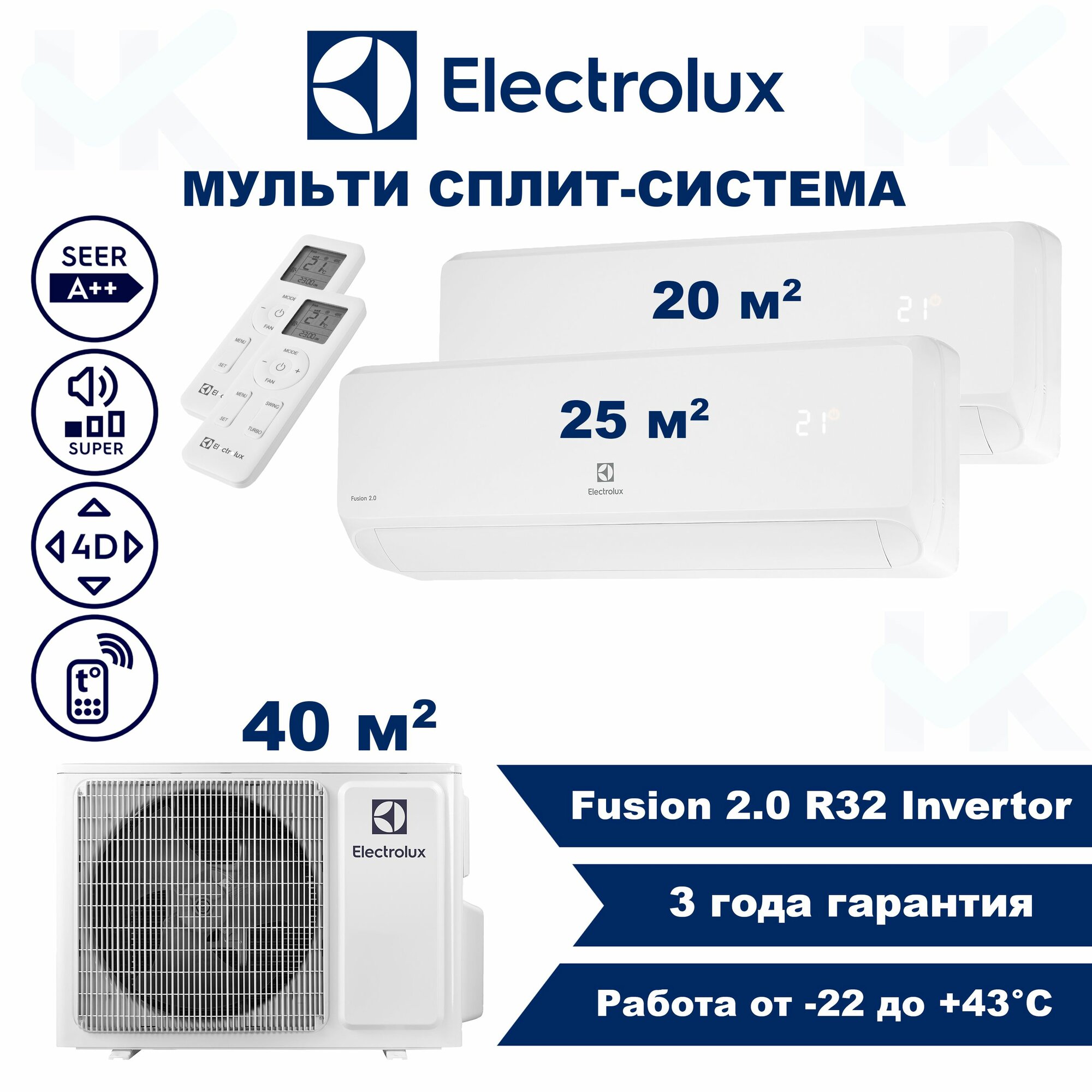 Инверторная мульти сплит-система ELECTROLUX серии Fusion 2.0 на 2 комнаты (20 м2 + 25 м2) с наружным блоком 40 м2, Попеременная работа