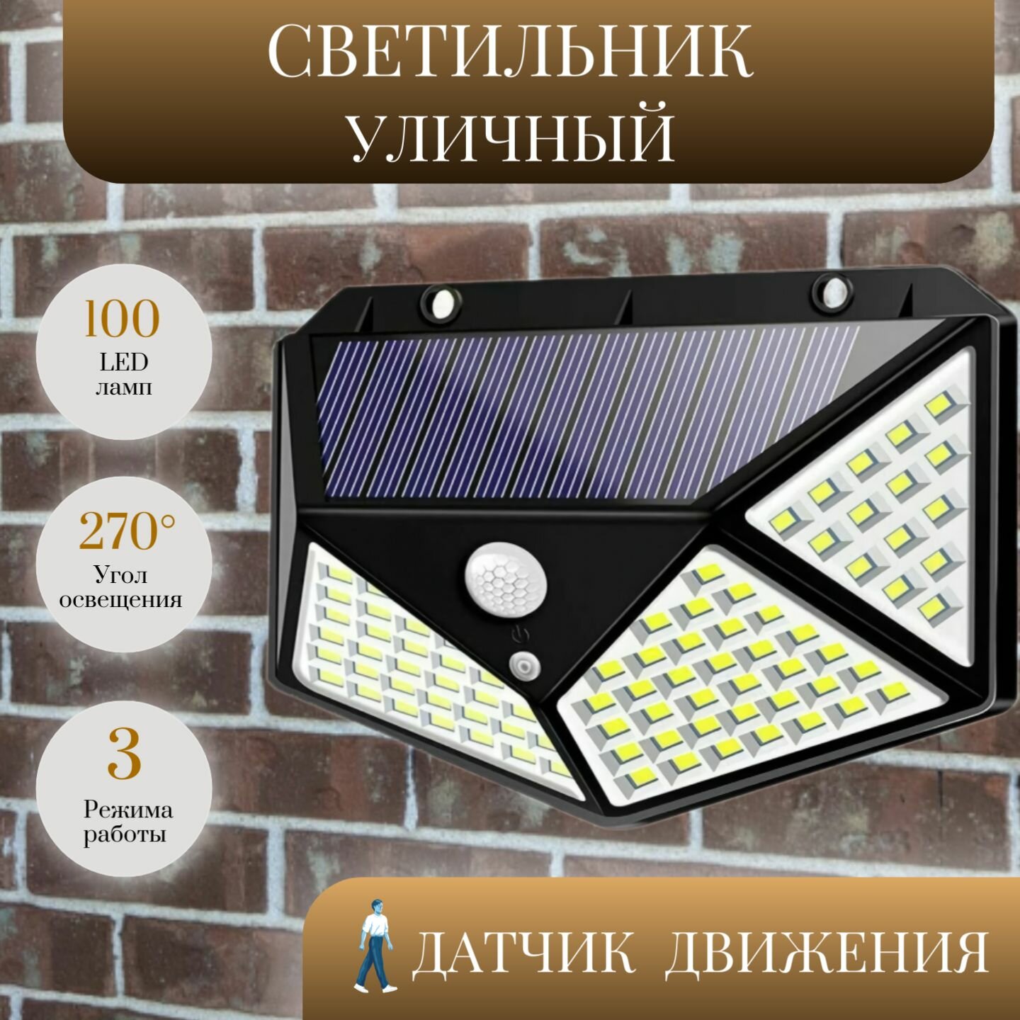 Уличный настенный светильник на солнечной батарее с датчиком движения и освещенности