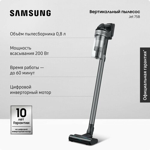 Samsung VS20B75ADR5/EV, 550 Вт, 0,8 л, аккумуляторный, с фильтрацией и LED дисплеем, инверторный мотор, серебряный