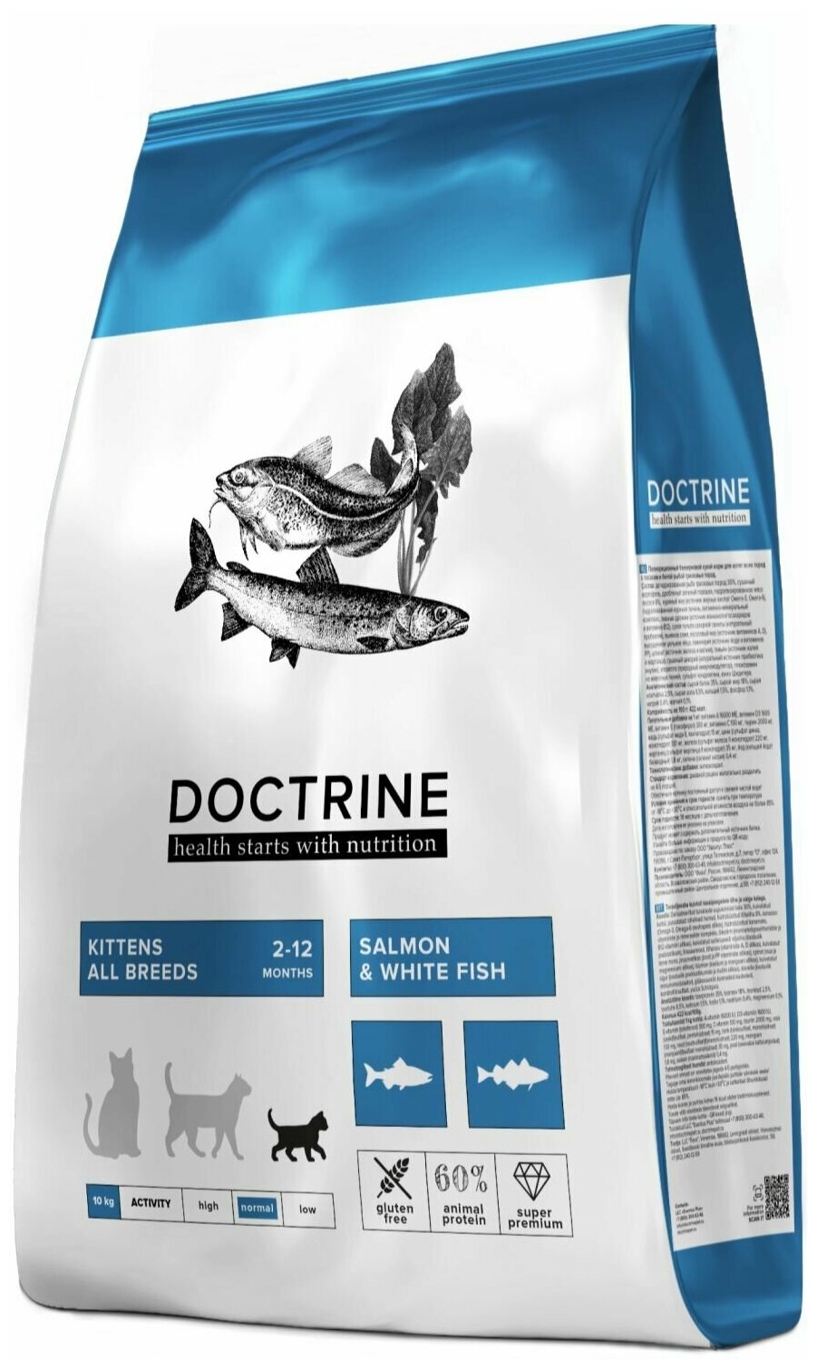 Сухой беззерновой корм DOCTRINE для котят с лососем и белой рыбой, 10 кг