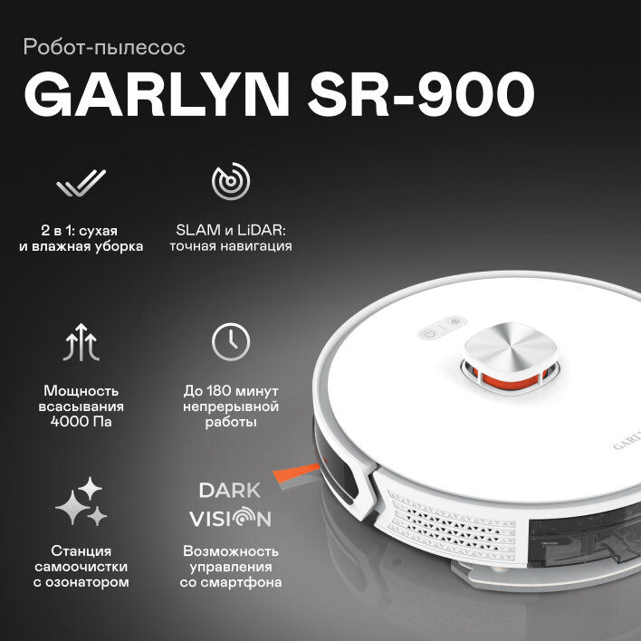 Робот-пылесос GARLYN SR-900 моющий с лидаром. Влажная и сухая уборка. Мощность - 4000 Па. 21 датчик. — фото 1