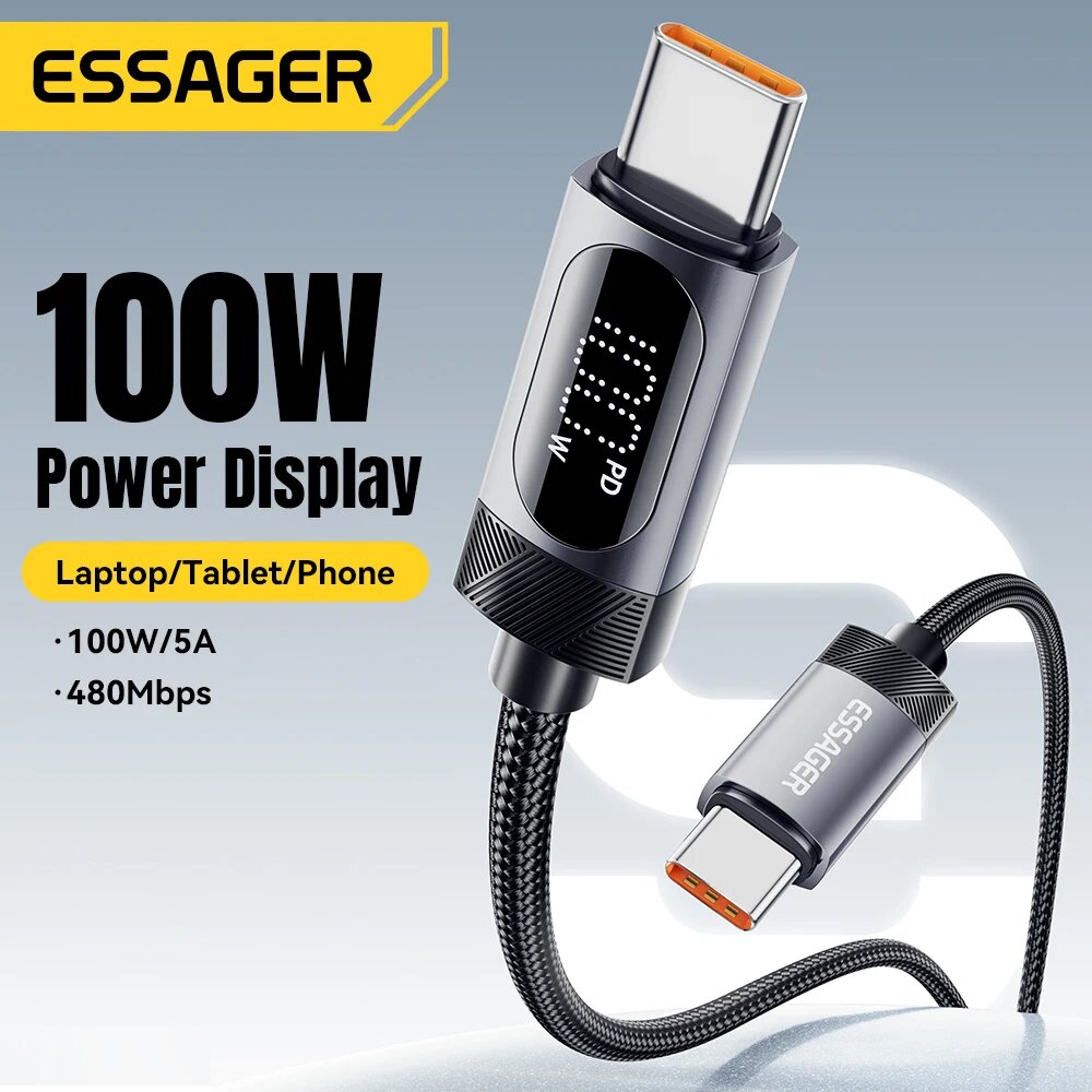 Кабель Essager Type-C-Type-C для быстрой зарядки и передачи данных с измерителем силы тока, E-marker, 100W, 5A, 480Mbps, PD 3.0, QC 4.0/3.0, FCP, 2 метра (Digital series)