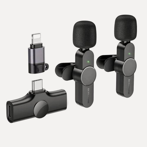 Изображение товара Беспроводной петличный микрофон Stream микрофон + приемник 2 в 1 для Lightning/Type-C черный