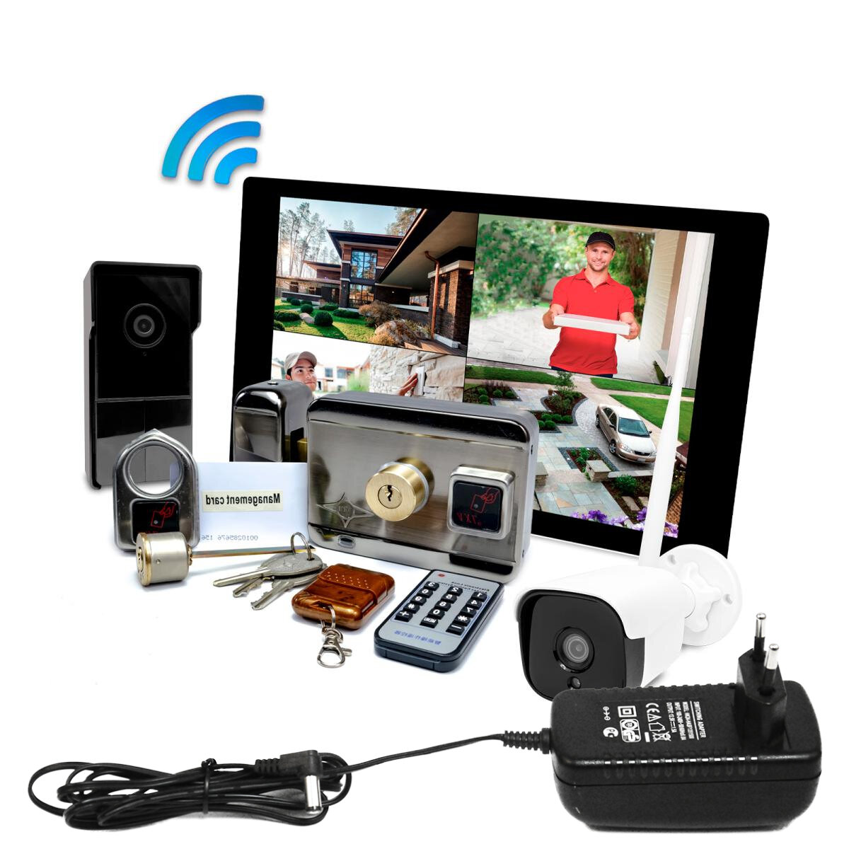 Цветной Wi-Fi домофон TUYA с замком и камерой - SkyNet 1000 (1+1+AX066): HD экран 10 дюймов, вызывная видеопанель, замок электромеханический и камера