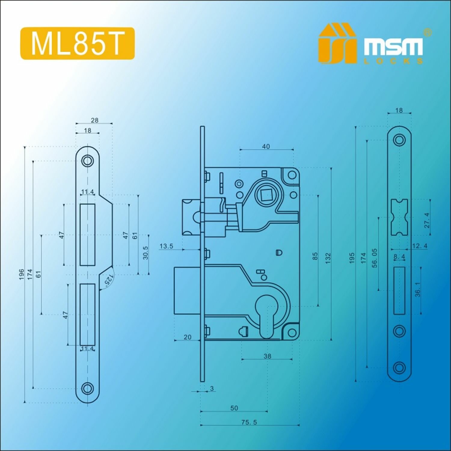 Замок врезной MSM Locks ML85T (корпус), под цилиндровый механизм — фото 1