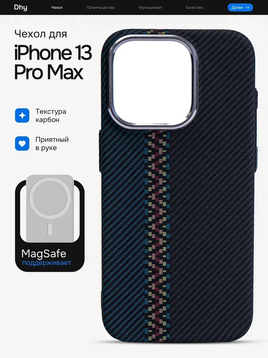 Чехол Dhy "Карбоновый", iPhone 13 Pro Max, карбон/пластик, серый/бирюзовый
