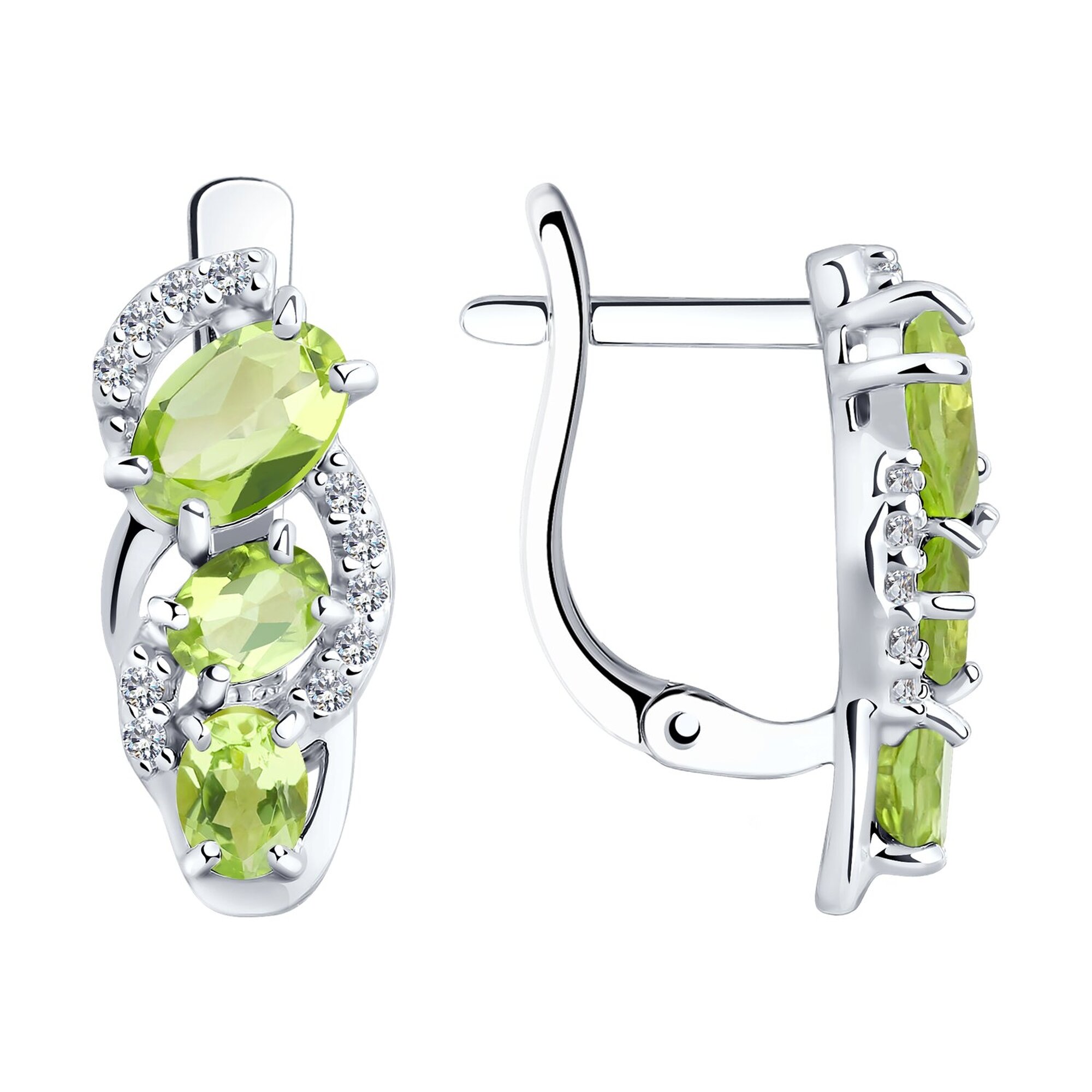 Серьги Diamant online, серебро, 925 проба, родирование, хризолит, фианит, длина 1.6 см, , темно-зеленый