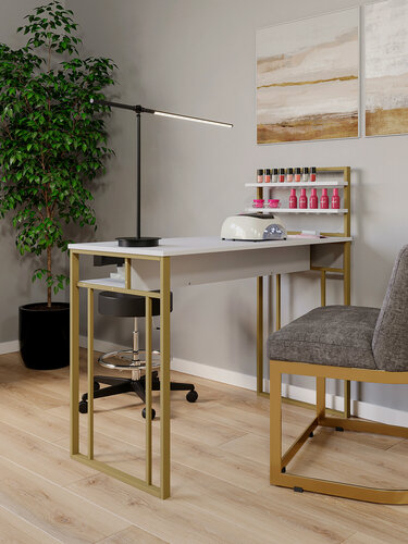 Изображение товара Стол маникюрный с полками и ящиком для салона красоты и офиса узкий KM LOFT золото/белый