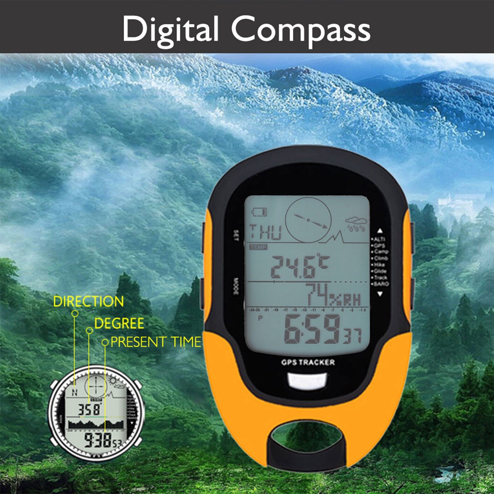 Digital Altimeter, Thermometer, Navigation USB Rechargeable Outdoor Sport for Camping Climbing Hiking — фото 1