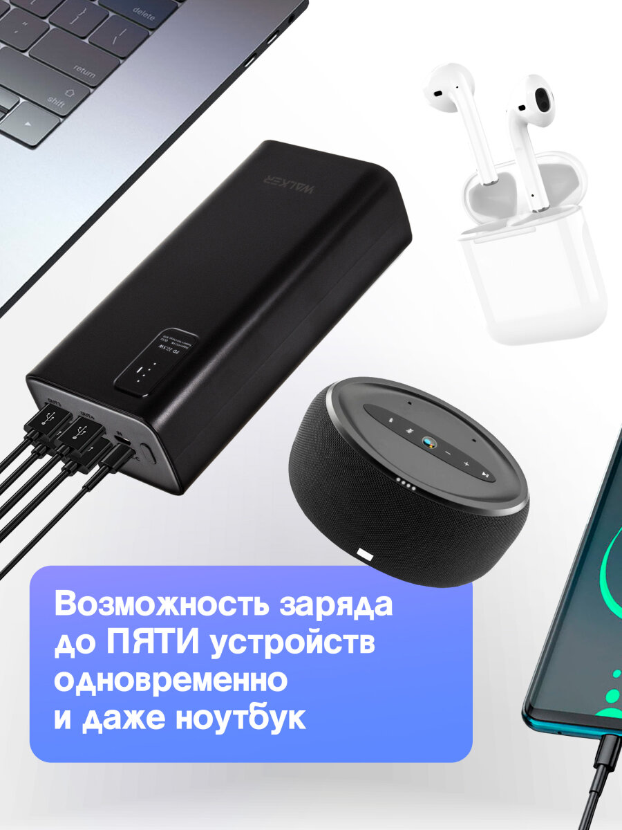 Повербанк 30000 mAh, powerbank, зарядка до 5 устройств, внешний аккумулятор на телефон, пауэр банк для айфона, черный — фото 1