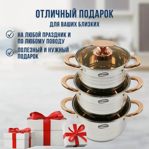 Изображение товара Набор Кастрюль С Крышкой И Толстым Дном Для Кухни и Готовки. Маленьких, Больших Из Нержавеющей Стали Для Газовых, Электрических, Индукционных Плит. 3шт