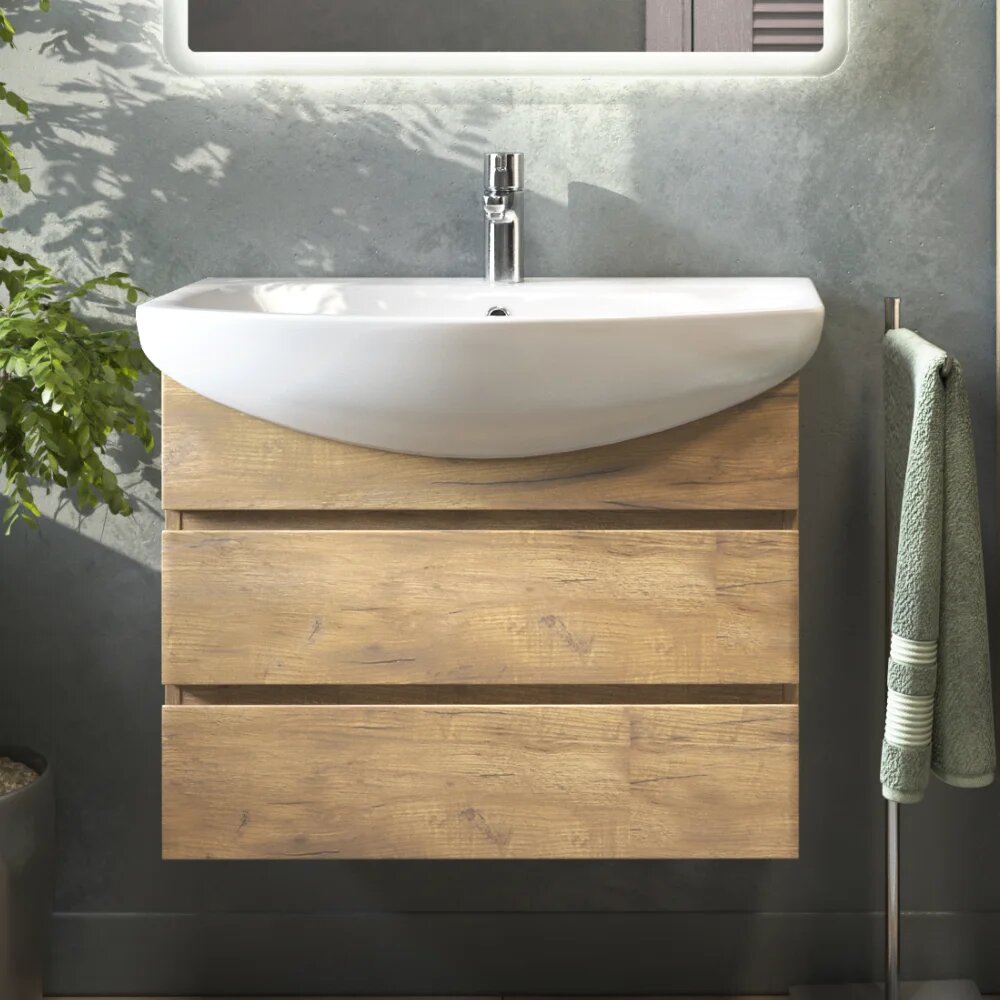 Тумба с раковиной Vigo Wing 60 подвесная  2 ящика  дуб золотой  раковина Балтика 60