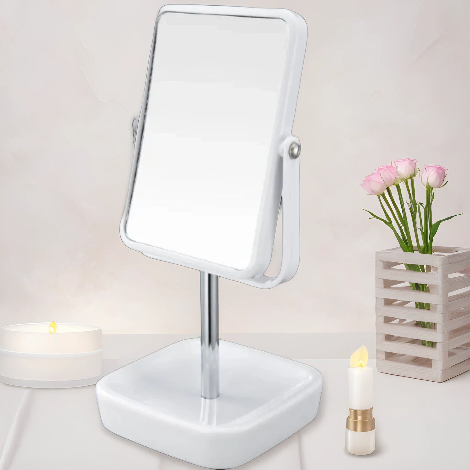 Зеркало косметическое Two Dolfins  настольное 2 х стороннее с 3 х кратным увеличением  оправа белая 