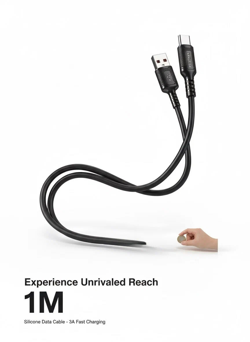 Кабель KAKUSIGA, USB-A - Type-C, 1м, силиконовый, огнестойкий, чёрный — фото 1