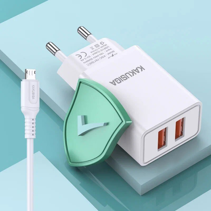 Зарядное устройство Kakusiga, Dual USB, 2.4 A, с кабелем Micro-USB, 1 м — фото 1