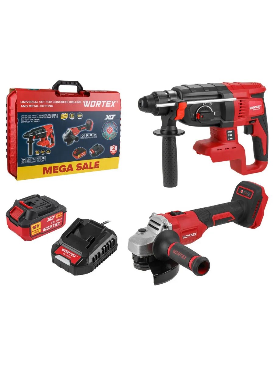 WORTEX Перфоратор аккумуляторный CRH 1824-2 XLT и Шлифмашина угловая (болгарка) CAG 1812-1 ALL1 SET (1329852)