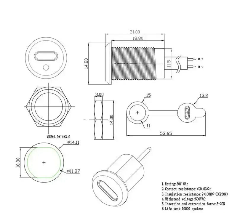 USB Type-C разъём для монтажа в отверстие 12 мм с LED-индикатором — фото 1