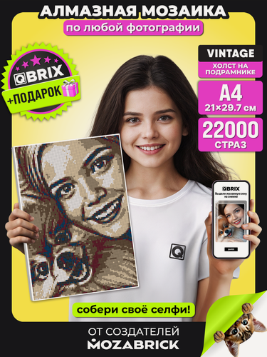 Изображение товара QBRIX Алмазная мозаика по фото на подрамнике 20х30 VINTAGE (А4, квадратные стразы, оригинальный подарок для детей и взрослых)