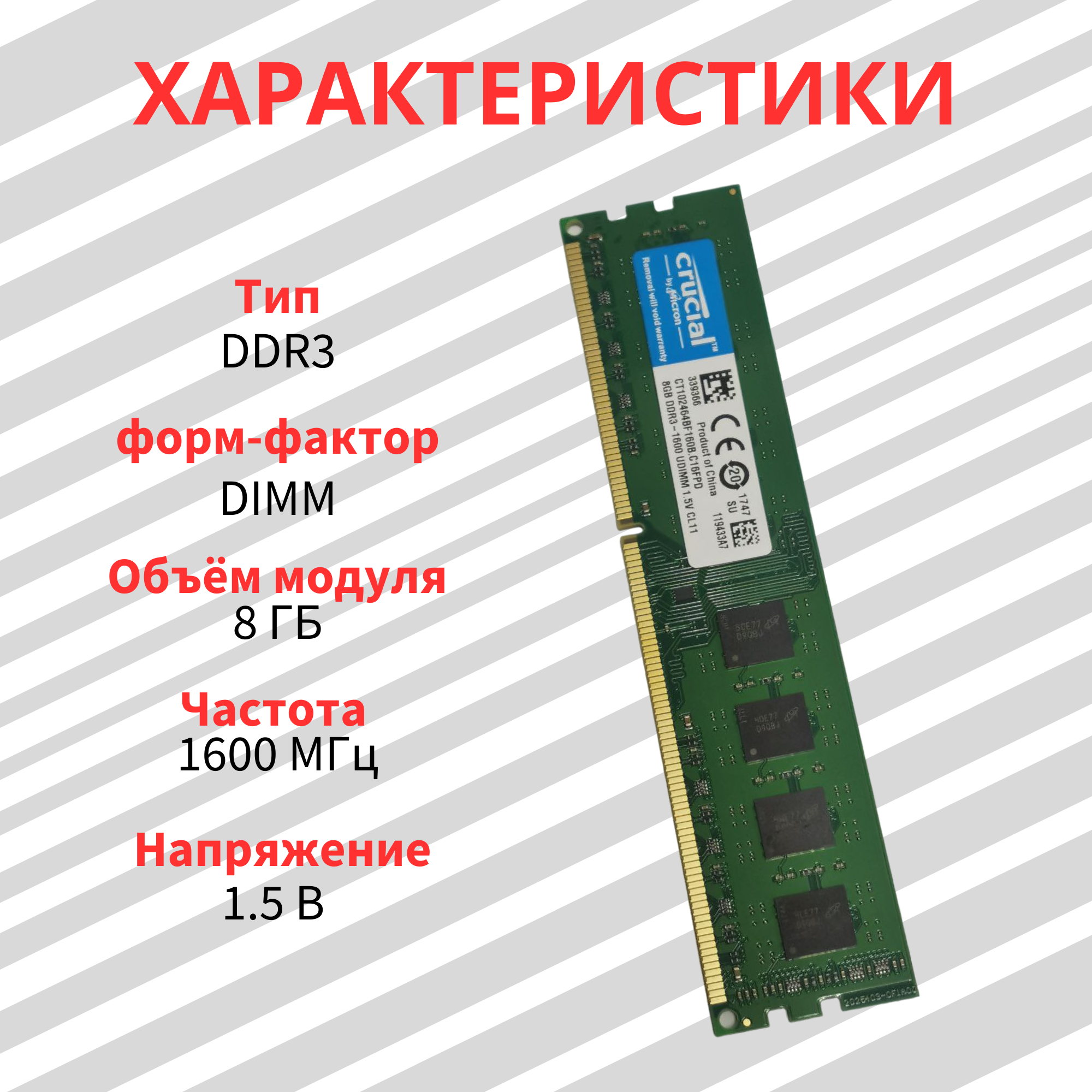 Оперативная память Crucial 8 ГБ DDR3L 1600 МГц RDIMM CL11 CT102464BD160B