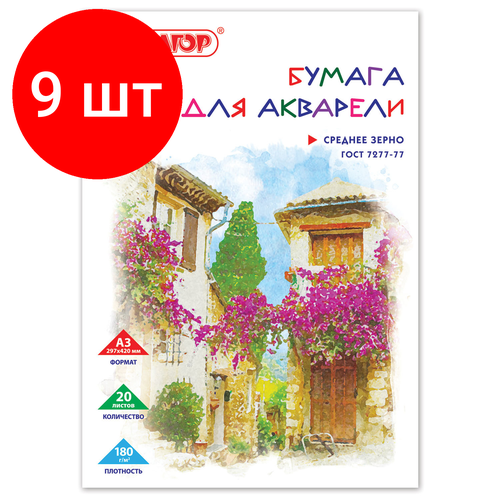 Комплект 9 шт, Папка для акварели большого формата А3, 20 л, 180 г/м2, пифагор, 297х420 мм, ГОСТ 7277-77, 126964 папка для акварели большого формата а3 10 л 180 г м2 пифагор 297х420 мм гост 7277 77 126963 126963