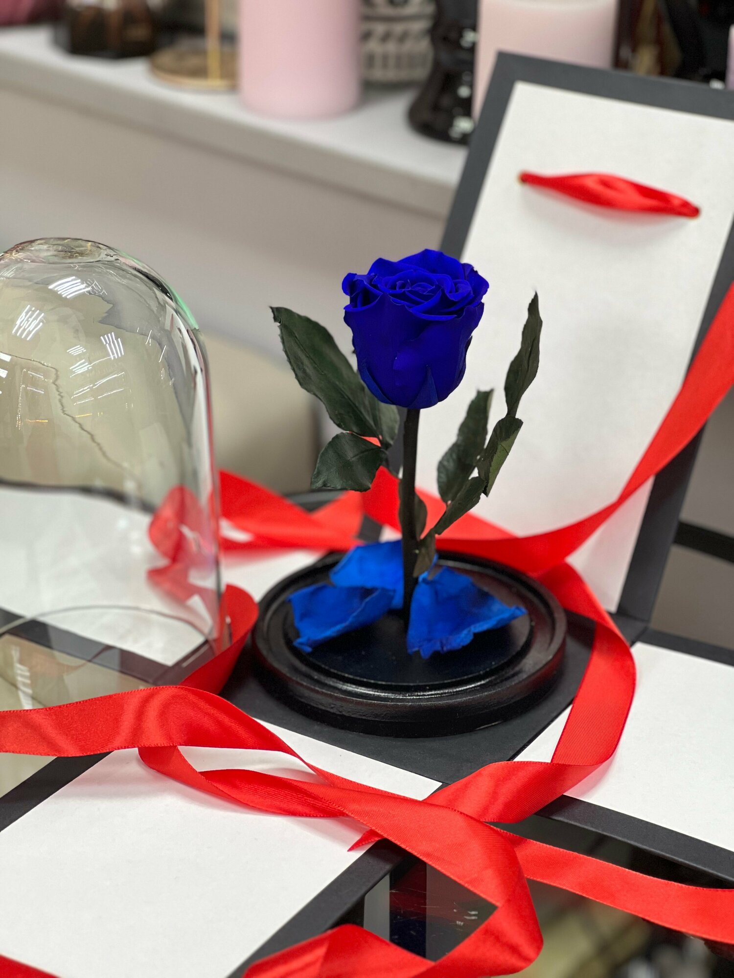 Синяя роза в колбе "Мини" с подарочной коробкой/21 см