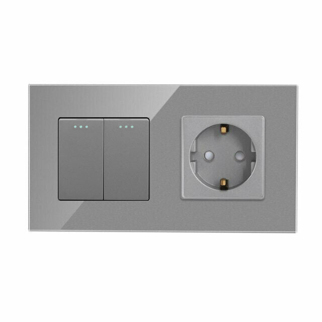 фото Выключатель механический с розеткой, 2 клавиши 1 розетка, 2 поста (М2+1F) рамка стекло 157х86мм, цвет серый
