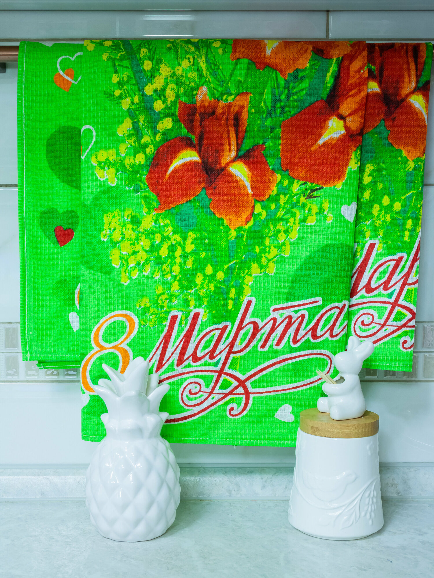 Полотенца кухонные 8 Марта Цветы набор 3 шт Зеленый - фотография № 2