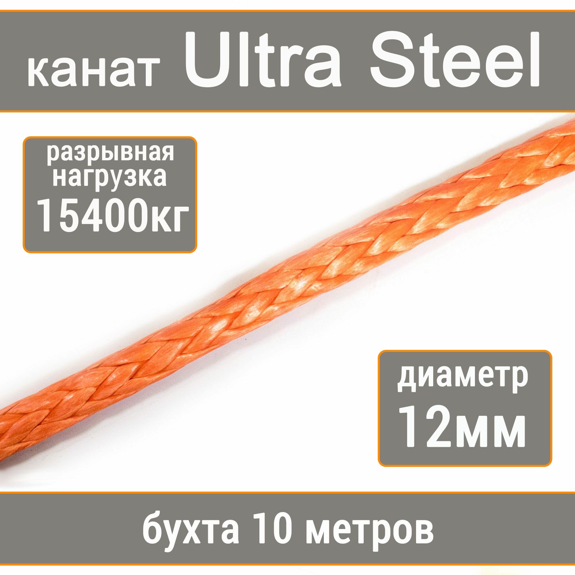 Высокопрочный синтетический канат UTX Ultra Steel 12мм р. н. не менее 15400кг из волокна UHMWPE, длина 10 метров