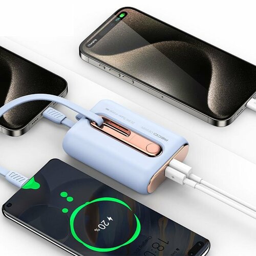 Повербанк Recci Delicacy Series Dual Cable Lightning Type-C 10000mAh PD20WSCP225W Цвет ГолубойЗолотистый 395000₽