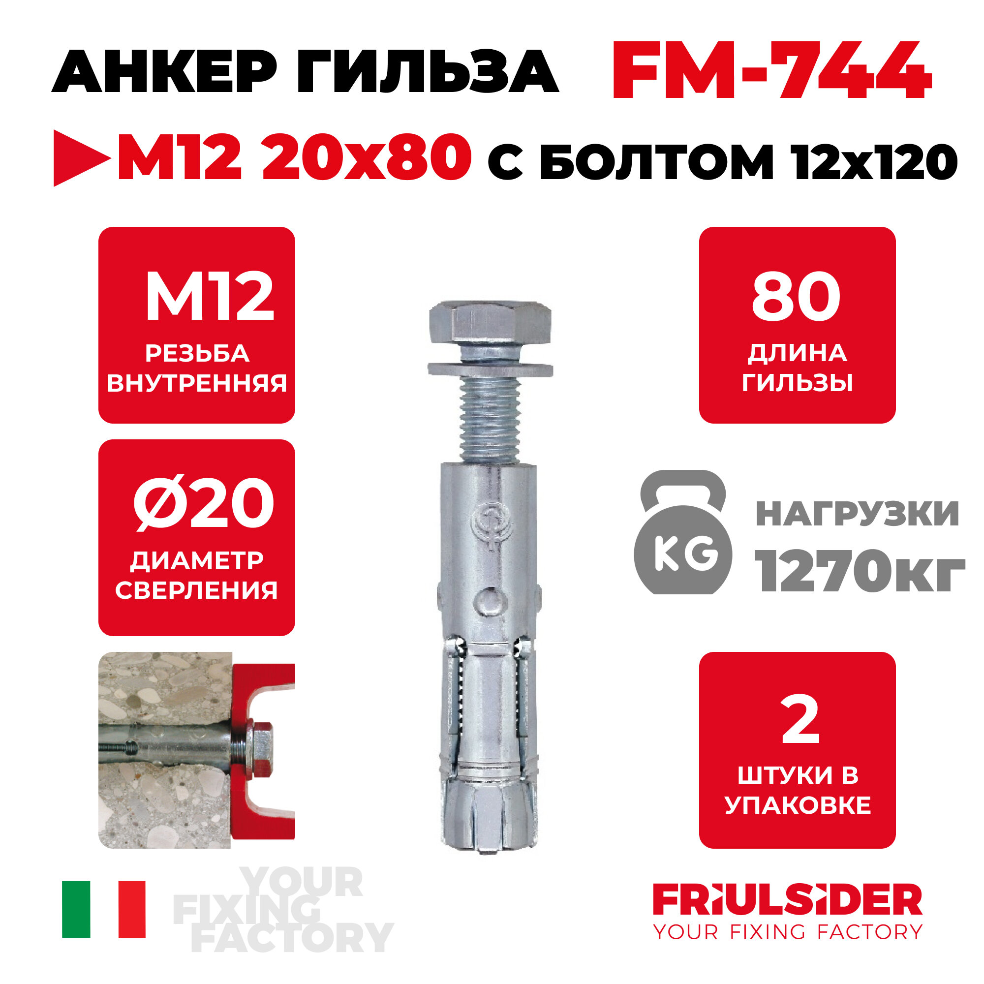 Анкер распорный FM744 М12 с болтом 12х120 ZN (2 шт) - FRS - пакет Партнер