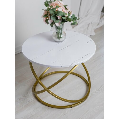 Круглый стол Инфинити белый мрамор на золотой опоре