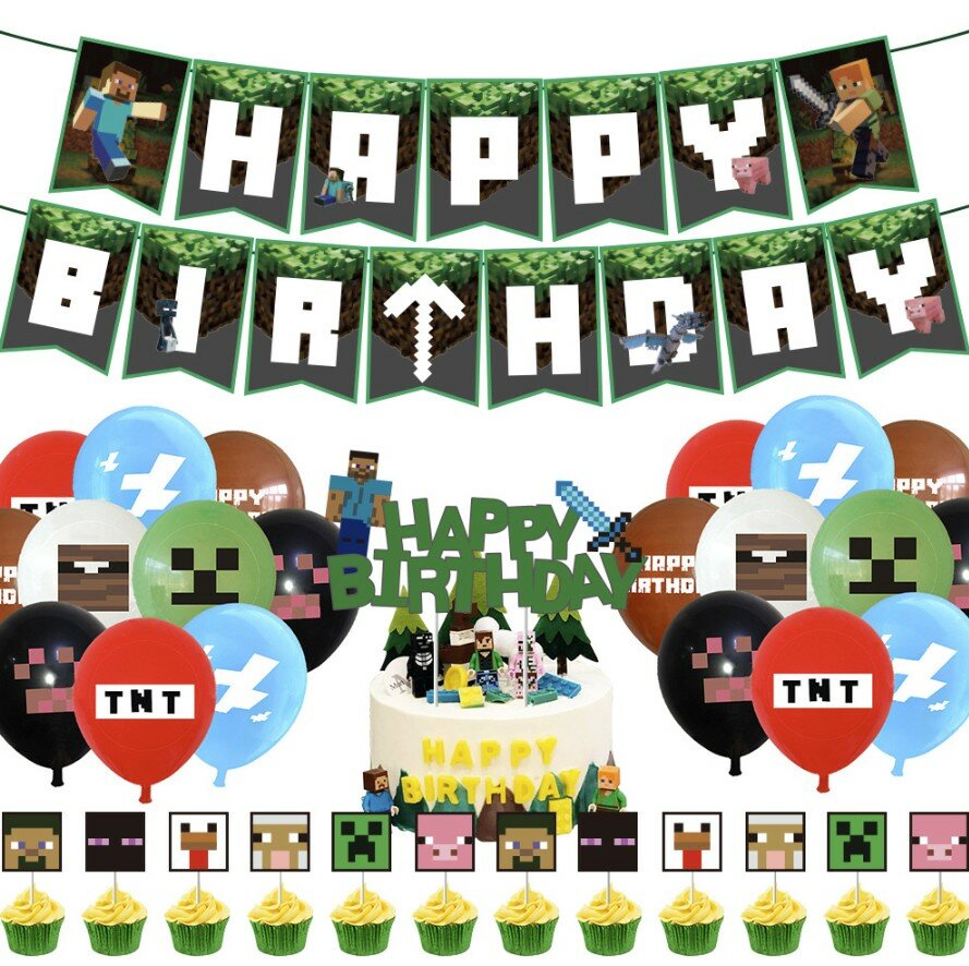 Набор для праздника "Minecraft" Топпер на торт , 13 топпера на панкейки , 18 шаров и Баннер на стену